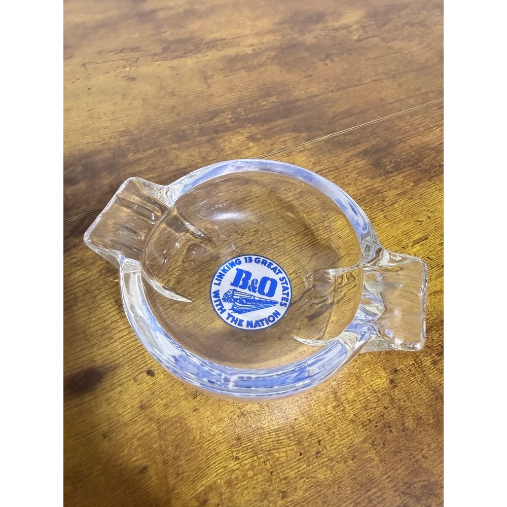 B&O Railroad Glass Ashtray Linking 13 Great States Blue Logo Train Clear Vintage